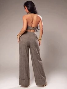 Radiana Casual Night Out Fashion Minimalist Houndstooth Commuter Set, Backless Blazer Vest Extra Long Wide Leg Pants 2-Piece Set, Old Money Style Suit, Sexy - Brown - View 3