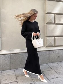 SHEIN طقم نسائي من قطعتين: كنزة صوفية محبوكة مضلعة وتنورة ماكسي مع تفاصيل أزرار وحافة مفرغة - أبيض وأسود - مشاهدة 6