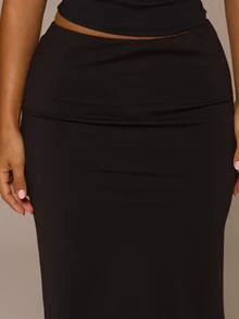 MUSERA ESSENTIALS Black Slinky Low Rise Midi Skirt Autumn Winter Night Out Halloween Day To Eve - Black - View 5