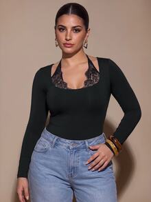 SHEIN BAE CURVE بودي سوت كاجوال يومي للنساء بمقاس كبير مع تفاصيل دانتيل وقطع قماشية - الأسود - مشاهدة 9