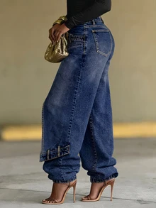 Slaydiva Jeans de diseñador con puños de botones talla grande - Azul - Ver 7