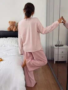 DAZY Cartoon Bunny Pattern Long-Sleeved T-Shirt And Straight-Leg Plaid Pajama Pants 2-Piece Women's Pajama Set - Pink - View 2