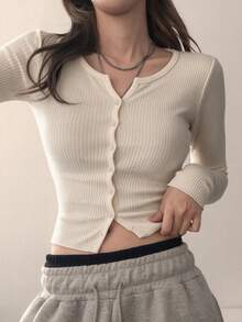 DAZY Women's Fitted Short Long Sleeve Ribbed T-Shirt - White - View 1