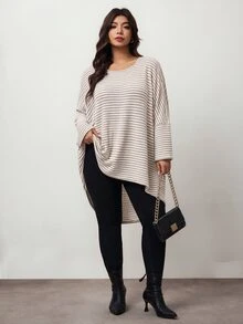 Enliva Plus Size Striped Long Sleeve Tunic Tee With Side Slit Apple - Khaki - View 5