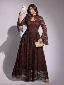 Viva Relle Romantic Lace Long Sleeve Cinched Waist A-Line Full Skirt Maxi Dress - Brown - View 6