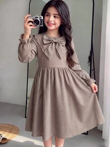 Tween Girl Tween Girl Tween Girl Tween Girls Long Sleeve Plaid Cinched Waist Bow Exaggerated Collar Long D - Khaki - View 10