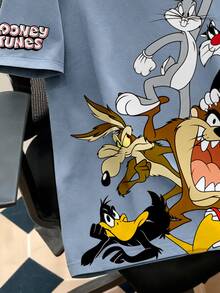 LOONEY TUNES X SHEIN Daypath Men's Cartoon Print Crew Neck Short Sleeve T-Shirt - Dusty Blue - View 4