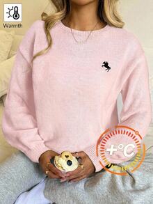 SHEIN 青少年女孩秋冬休閒保暖內裡加厚圓領套頭毛衣，精緻小標誌馬賽刺繡，寬鬆大碼長袖粉色毛衣 - 粉色 - 查看 3