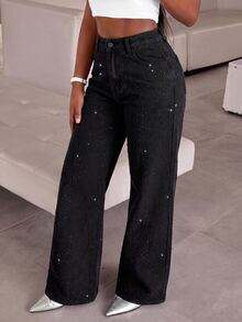 Slaydiva Women's Loose Wide Leg Shiny Casual Denim Jeans With Pockets - Black - View 6