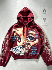 ROMWE MEN Street Life 男士休閒日常連帽衫，字母與天使圖案設計 - 紅色 - 查看 3