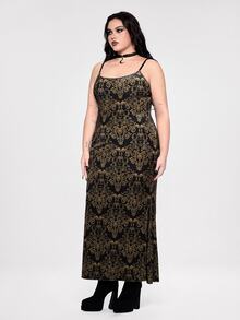 ROMWE Plus Size Women's Holiday Party Gothic Style Gold Pattern Velvet Spaghetti Strap Dress - Gold - View 4