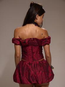MUSERA Red Jaquard Lace Up Bardot Corset Fall Winter Festival Going Out Lost Whispers - Burgundy - View 4