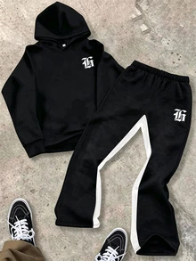 SHEIN 兒童青少年男孩新款休閒時尚極簡哥德字母印花運動風拼色黑白連帽衛衣與喇叭褲兩件套，適合秋冬、學校、家庭聚會、返校、生日派對、攝影、度假、節日、運動、舒適 - 黑與白 - 查看 5