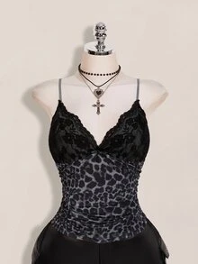 SHEIN ICON 大尺碼女款蕾絲拼接豹紋細肩帶背心 - 灰色 - 查看 4