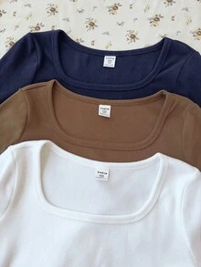 SHEIN Tween Girl 秋冬新款休閒極簡舒適針織抓絨純色方領長袖T恤 3件/組 - 彩色 - 查看 4