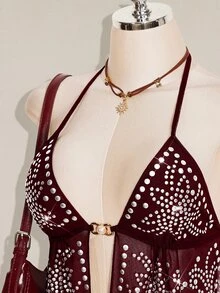 SHEIN ICON ملابس علوية نسائية Y2k سوداء مثيرة بتصميم قوطي مع مسامير معدنية وشبكة برقبة معلقة وحافة مشقوقة مثيرة - عنابي اللون - مشاهدة 6