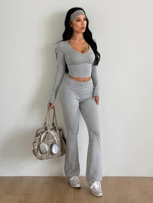 Coolane Women's Solid Color Long Sleeve T-Shirt And Pleated Pants 2 Pieces Set - Grey - View 3