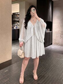 Vibekara Frühling, Sommer, neues süßes elegantes Urlaubskleid im Feenstil mit schwarz-weißen Polka-Dots aus strukturiertem Stoff für Damen, einzigartiges atemberaubendes Retro-Kurzkleid mit Fledermausärmeln aus Mesh in lockerer Passform - Verschiedenfarbig - Übersicht 4