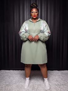 Slaydiva Plus Size Satin Floral Patchwork Hooded Anorak Jacket, Loose Plus Size Outer Coat Fall - Green - View 10