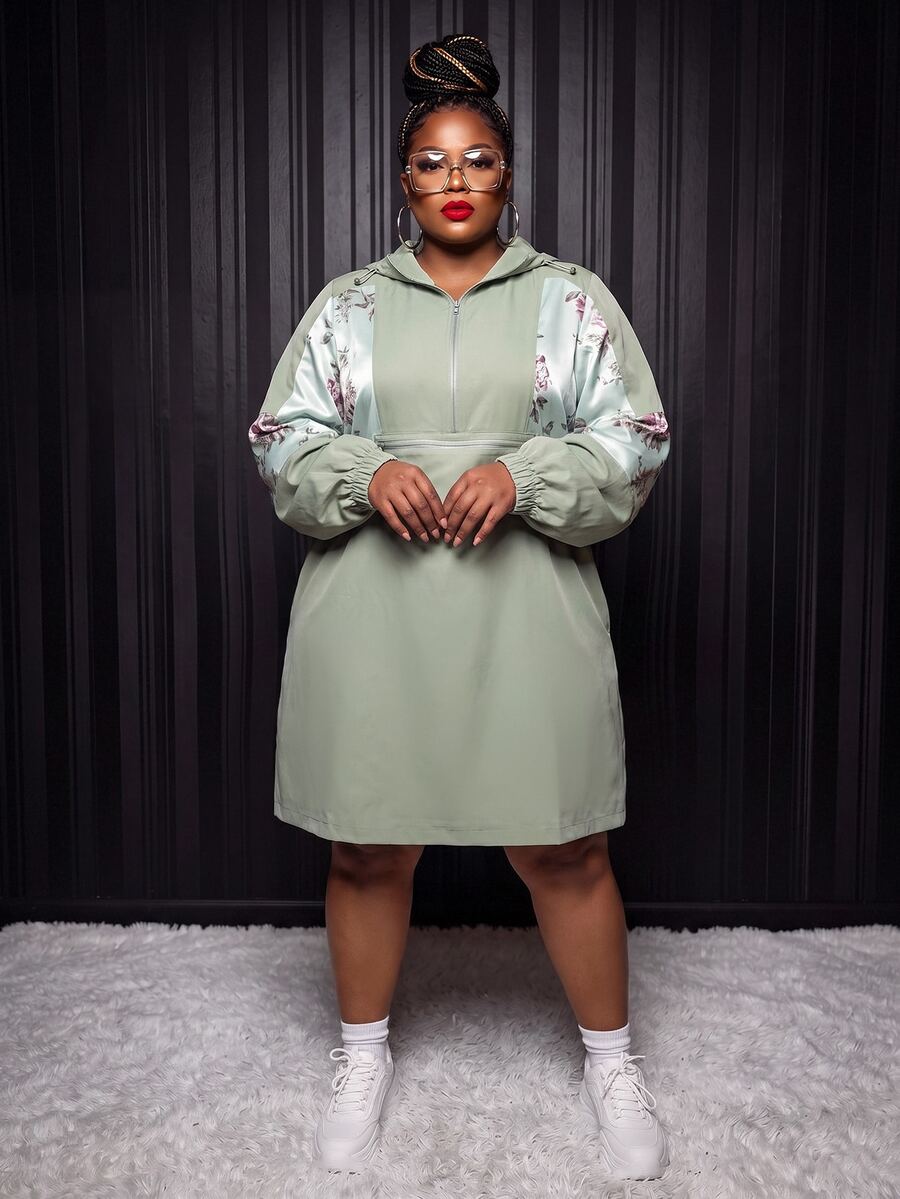 Slaydiva Plus Size Satin Floral Patchwork Hooded Anorak Jacket, Loose Plus Size Outer Coat Fall Homewear Travel Olive Green Casual Baggy