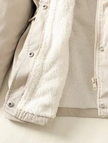 SHEIN 青少年女孩秋冬休閒街頭時尚卡其色梭織斜紋連帽保暖內裡加厚抽繩收腰裝飾拉鍊口袋派克夾克，適合返校與日常穿著 - 卡其色 - 查看 8