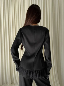 Aloruh Women's Button Lace Patchwork Jacket And Pants Suit Set - Black - View 2