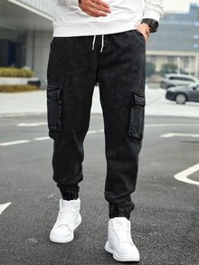 EGENSIO Plus Size Men's Drawstring Waist Casual Daily Wear Cargo Denim Jeans - Black - View 3