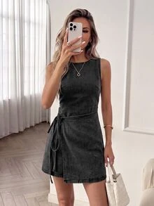 Easowa Women's Solid Color Casual Daily Summer Denim Dress - Black - View 1