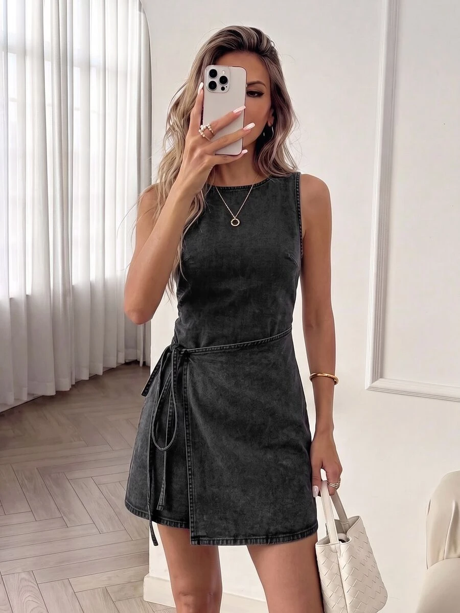 Easowa Women's Solid Color Casual Daily Summer Denim Dress - Black - View 1