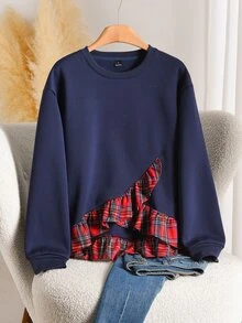 CosyJoli Women's Patchwork Plaid Ruffle Hem Long Sleeve Crew Neck Sweatshirt - Navy Blue - View 5