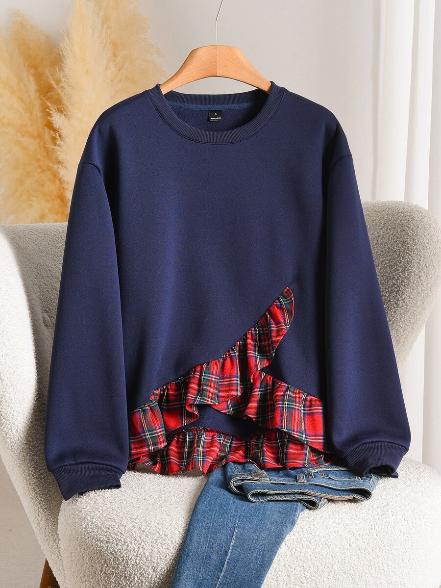CosyJoli Women's Patchwork Plaid Ruffle Hem Long Sleeve Crew Neck Sweatshirt - Navy Blue - View 1