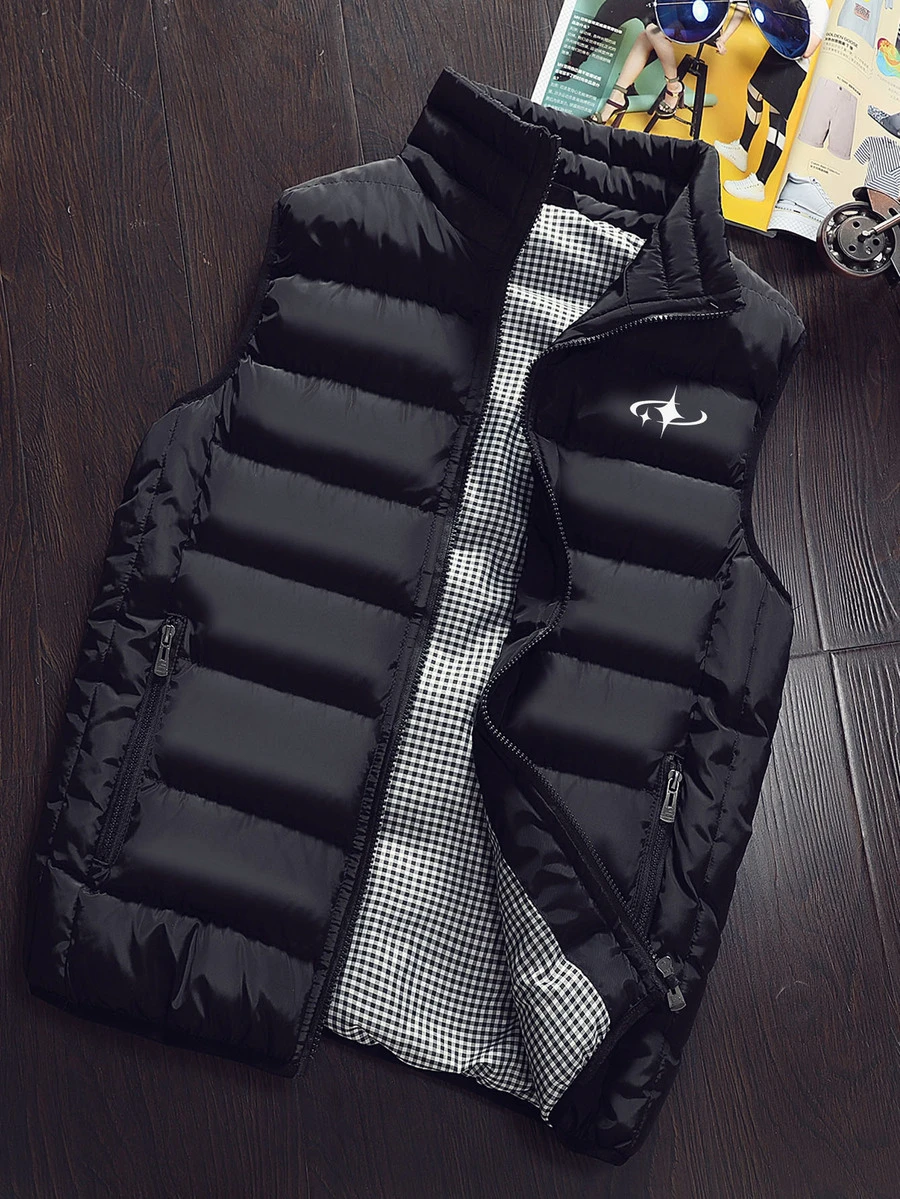 Manfinity Homme Men's Star Pattern Printed Zipper Winter Vest Jacket - Black - View 1