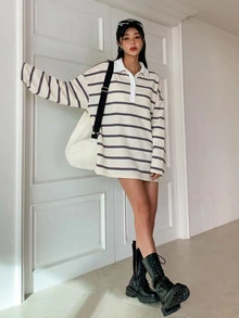 DAZY 女款條紋休閒長袖T恤，適合日常穿著 - 紅色 - 查看 5