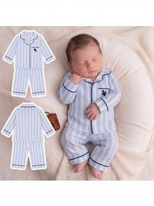 SHEIN Newborn Baby Boy Two-Tone Striped Fabric Collared Contrast Trim Animal Print Patch Pocket Button-Up Loose Top And Casual Straight Leg Pants Set, Suitable For Winter - Blue - View 4