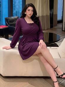 Vibekara Plus Size Long Sleeve Contrast Lace Elegant Dress - Purple - View 3