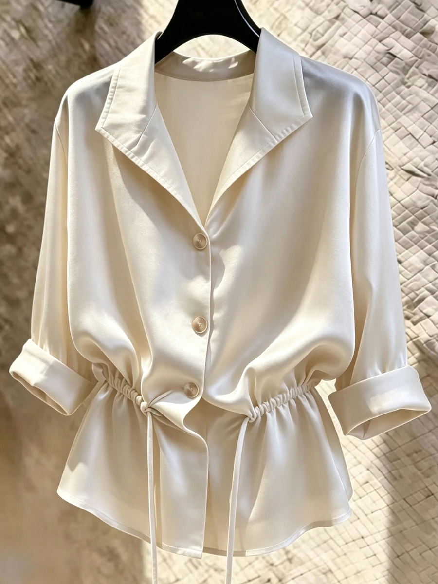 SHEIN New Women's Loose Casual Slimming Drawstring Long Sleeve Shirt - Apricot - View 1