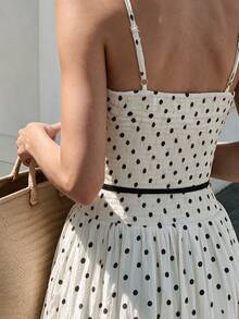Cévolie Valentine's Day Date Outfit French Polka Dot Elegant Dress And Cardigan 2 Pieces Set - Black and White - View 6