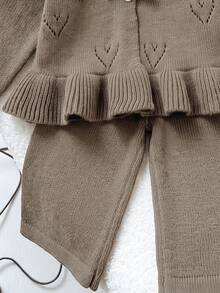 SHEIN Gentle Style Baby Girl Hollow Heart Jacquard Knit Set, Bow Knot Button Cardigan, Frill Trim Sweater, Flare Pants, 2 Pieces Set - Camel - View 6