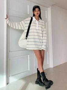 DAZY 女款條紋寬鬆 Polo 領落肩長袖休閒 T 恤 - 杏色 - 查看 3