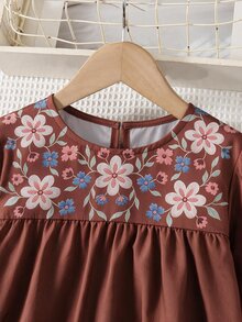 Tween Girl Tween Girl) Brown Lantern Sleeve Embroidered Cute Round Neck Long Sleeve Dress, Suitable For Birthday Party And Daily Wear - Coffee Brown - View 6