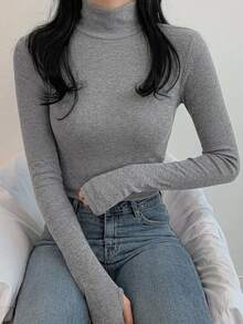 DAZY 女款高領修身底層打底T恤 - 深灰色 - 查看 2