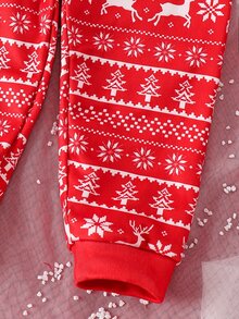 SHEIN 男嬰休閒簡約舒適貼身長袖圓領褲裝家居服，適合秋冬、聖誕節、新年送禮 - 紅色 - 查看 5