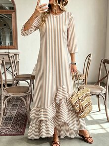SHEIN Women Striped Round Neck 3/4 Sleeve Maxi Dress, Asymmetrical Ruffle Hem Loose Fit Casual Long Dress For Daily Vacation - Multicolor - View 6