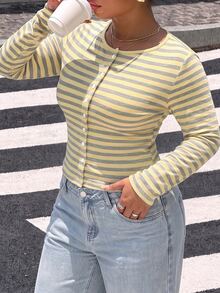 Muchica Plus Size Women's Striped Casual Daily Long Sleeve Top - Multicolor - View 1