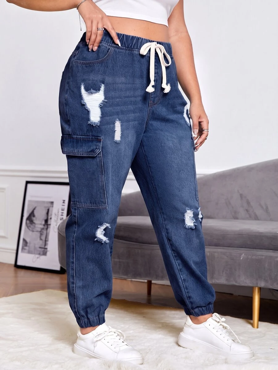 SHEIN ICON Plus Size Fashion Drawstring Waist Pocket Distressed Denim Jeans - Dark Wash - View 1
