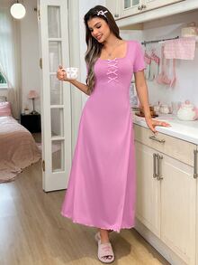 SweetSlumber Elegant Bow Contrast Color Women's Loungewear Dress - Dusty Pink - View 4