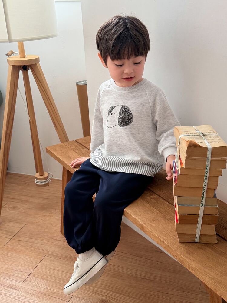 DAZY Infant (Boy) Round Neck Long Sleeve Patchwork Cartoon Korean Style Sweatshirt Set - Light Grey - View 4