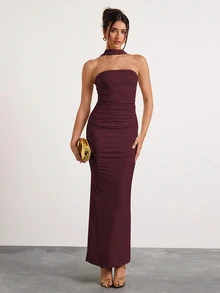 Glamine Ankara 紅色抹胸抓褶緊身洋裝，適合奢華婚禮賓客、生日派對、燭光晚餐、商務宴會、藝術展覽、浪漫約會、酒吧聚會、年度派對、與好友下午茶、婚紗拍攝、音樂會、高端晚宴 - 紅木色 - 查看 4