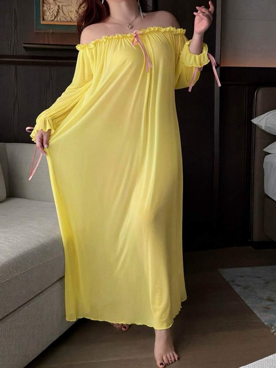 Dazy Plus Plus Size Women's Sexy Sheer Mesh Off-Shoulder Ruffle Hem Long Nightgown, Comfortable Home Dress For Spring & Summer Pajamas - Yellow - View 1