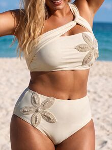 SHEIN Swim Women's Plus-Size Sexy Apricot Knitted Bikini Set – High-Stretch, Minimalist Resort Style With One-Shoulder Design (Featuring Pearl And 3D Floral Embe - Beige - View 4